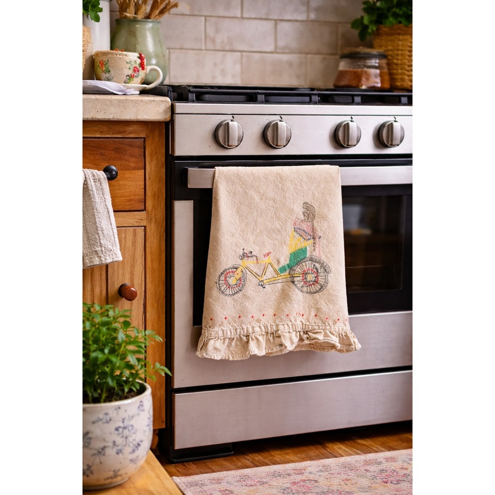 Embroidered Monkey Bicycle Whimsical Kitchen Beige Dish Towel Cotton Ruffle